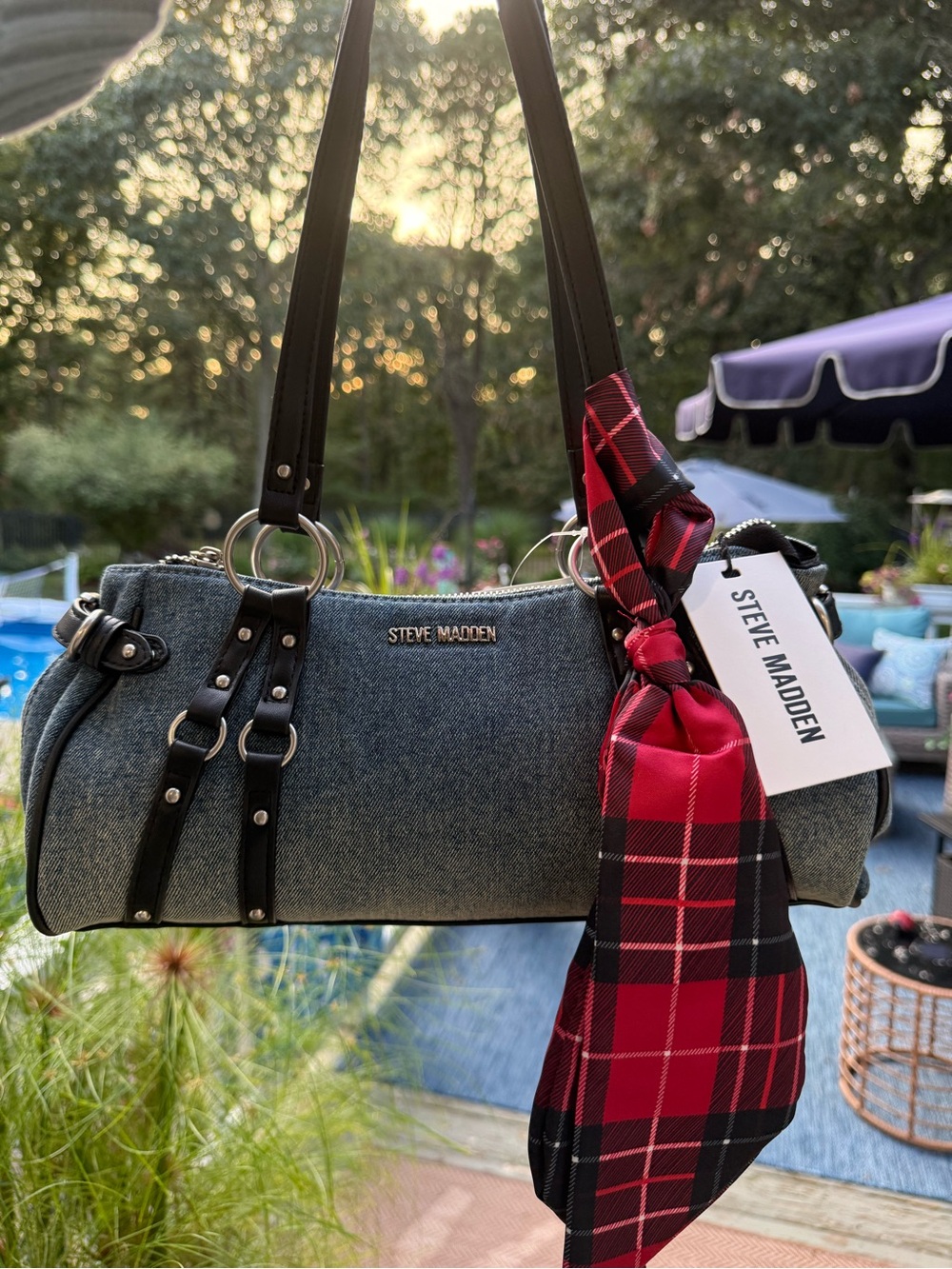 Steve Madden Blue Denim Shoulder Bag with Red Plaid Scarf Accent